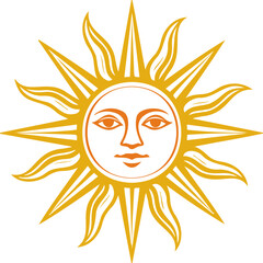 Golden sun illustration with facial features and radiating rays, emphasizing warmth and brightness in a creative design