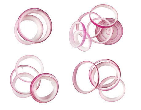 Sliced red onions falling on transparent background