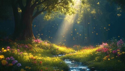 Fototapeta premium Sunlit forest stream, wildflowers, fireflies; magical nature scene