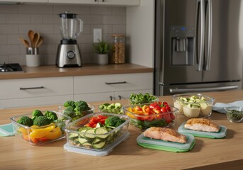 Prepared meal prep container representing healthy eating, featuring fresh vegetables and cooked salmon in a kitchen setting
