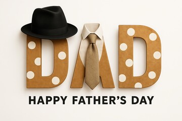 fathers day greeting with dad text in brown polka dot letters, black hat and necktie on white background