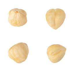 Four peeled hazelnuts on transparent background