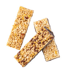 Three cereal bars with chocolate drizzle falling on transparent background