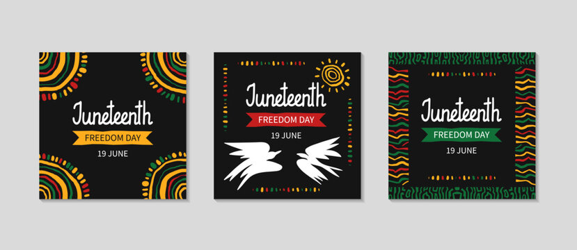 Juneteenth celebration cards set. Greeting square post background for Social media. Simple background with abstract geometric ornament, birds of freedom, African pattern. Vector flat illustration.