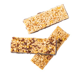 Three cereal bars falling on transparent background