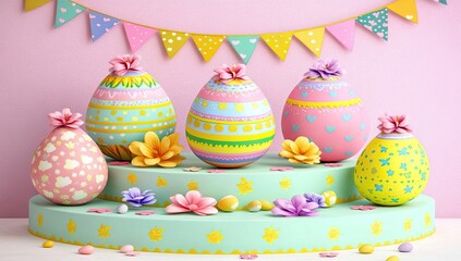 Easter eggs decorated with flowers and pastel colors on tiered stands, celebratory garland