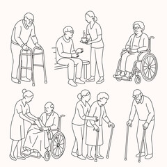 Nurses, doctors, social workers helping, supporting elderly people. Help, support for elderly people in hospital and nursing home. linear vector illustration