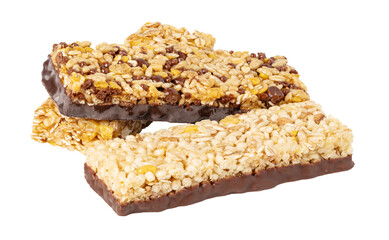 Chocolate covered granola bars stacked on transparent background