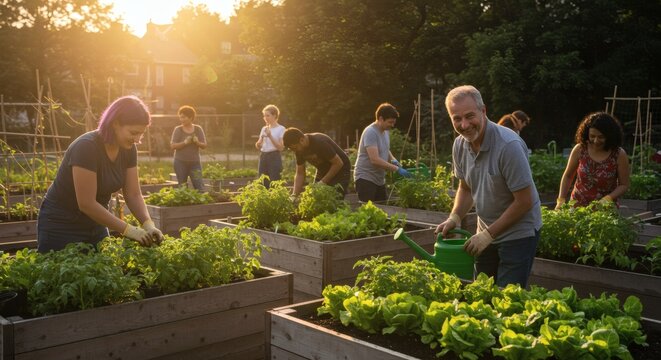 A group of people cultivates fresh vegetables in a community garden during the sunset.