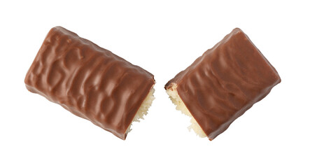 Broken chocolate bar with coconut filling on transparent background