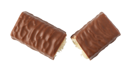 Broken chocolate bar with coconut filling on transparent background