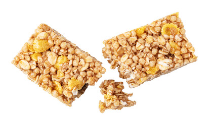 Broken granola bar with oats, puffed rice and caramel on transparent background