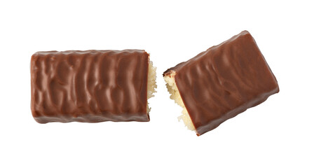Broken chocolate bar with coconut filling on transparent background