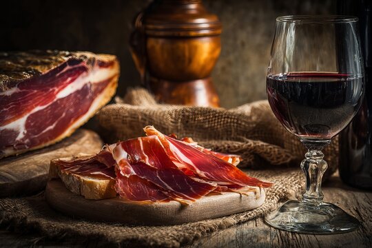 Close-up of sliced cured ham with red wine, showcasing a gourmet food pairing concept.