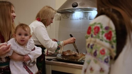Family members gather in a warm kitchen, preparing a traditional meal. A grandmother skillfully cooks while relatives smile and enjoy each other's company. cutting the holiday turkey