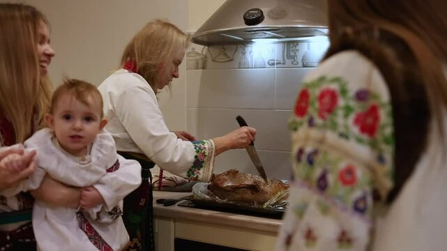Family members gather in a warm kitchen, preparing a traditional meal. A grandmother skillfully cooks while relatives smile and enjoy each other's company. cutting the holiday turkey