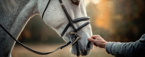 Closeup hand gently adjusting bridle on white horse, autumn outdoor scene, soft light, emotional connection, peaceful moment