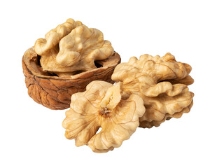 Walnuts showing kernel, shell, and whole on transparent background
