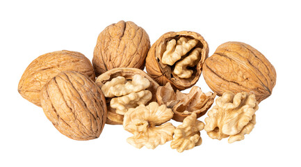 Walnuts with shell and kernels isolated on transparent background