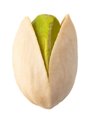 Single pistachio nut showing green core on transparent background
