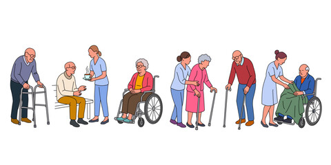 Nurses, doctors, social workers helping, supporting elderly people. Help, support for elderly people in hospital and nursing home. linear vector illustration
