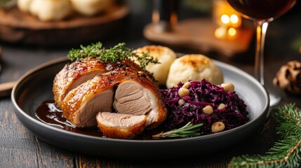 This mouth-watering image showcases a perfectly roasted chicken, beautifully served with red cabbage and mashed potatoes, all drizzled with savory gravy.