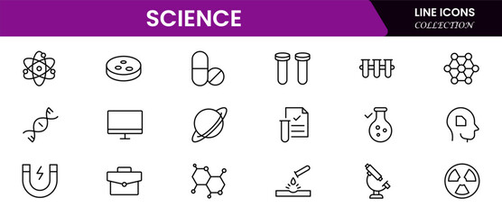Science and research line icons collection. Big UI icon set in a flat design. Thin outline icons pack. Vector illustration