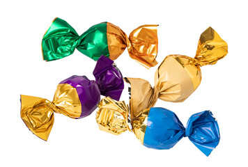 Colorful wrapped candies falling on transparent background