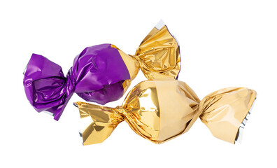 Two wrapped candies falling on transparent background
