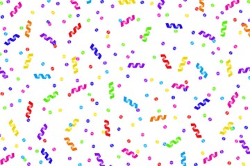 Rainbow colorful pattern isolated on white background with confetti and dots. Confetti, dot, spiral, paper background, banner for party, birthday, celebration, card, print, decoration, etc.