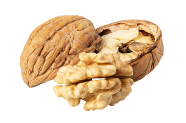 Walnuts showing shelled and whole nuts on transparent background