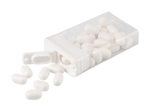 Pocket box dispensing tic tac mints on transparent background