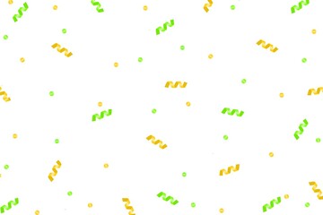 Green and gold pattern background with confetti and dots. Confetti and dots dropped design for wallpaper, birthday, background, party, banner, decoration, card, print, celebration, etc.
