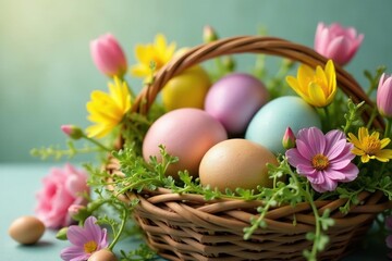 Colorful Easter eggs nestled in a spring basket overflowing with fresh flowers and greenery , tradition, happiness, easter decorations