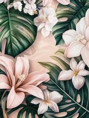 Obraz premium Tropical floral arrangement with monstera leaves and frangipani flowers in soft pastel colors botanical illustration