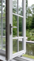 Sunlight pours through open French doors, showcasing a lush garden filled with greenery and inviting outdoor space