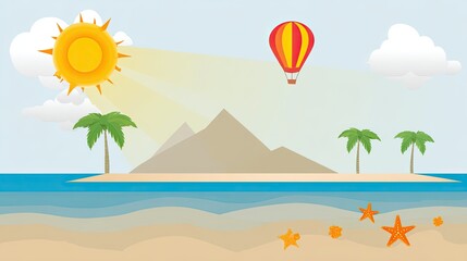 an island with a mountain, palm tree, and sun in the sky, a hot air balloon floating above it