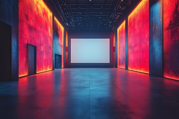 Modern presentation hall interior with illuminated walls and screen for corporate events