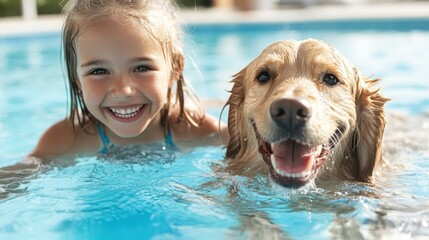 A young girl joyfully swims in a pool alongside a playful golden retriever, capturing the essence of friendship and happiness in a sunny, summer setting.
