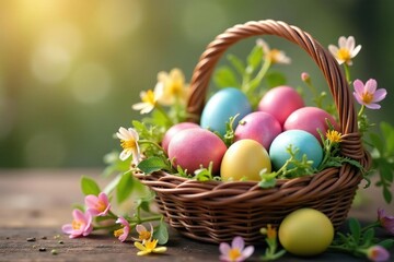 Naklejka premium Colorful Easter eggs nestled in a spring basket with blooming flowers , eggs, blooming, daffodils