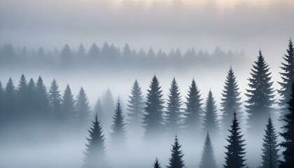 Fototapeta premium A captivating view of a misty forest with tall evergreen trees and fog.