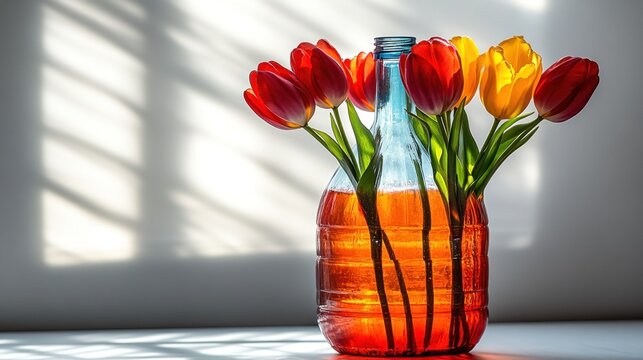 Red and yellow tulips in a repurposed blue plastic bottle, illuminated by sunlight.