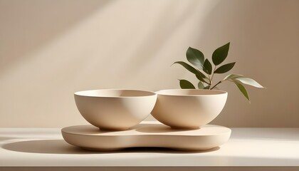 Elegant beige ceramic bowls with a plant sprig on a neutral-toned surface, showcasing soft shadows.