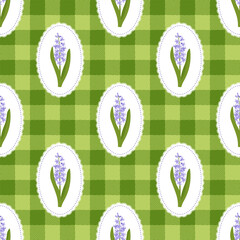 Coquette trellis Hyacinth floral seamless pattern on a checkered background. Vintage Rustic Design. Vector illustration