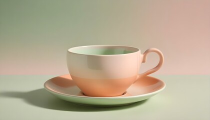 Obraz premium A pastel pink and green teacup and saucer sit on a mint green surface, elegantly lit.