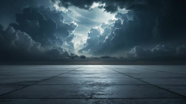 Backdrops of a dark floor with a scenic horizon and dramatic clouds.
