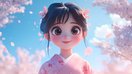Fototapeta premium Smiling Anime Girl in Pink Kimono under Cherry Blossoms