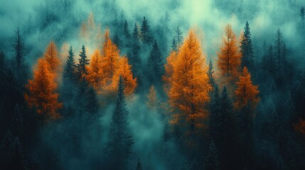 Fototapeta premium Misty autumn forest with golden larch trees.