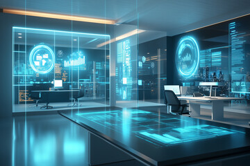 Modern Office Interior With Advanced Display Screens And Cityscape View