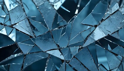 An artistic abstract image features a collection of shattered blue glass fragments creating a pattern.